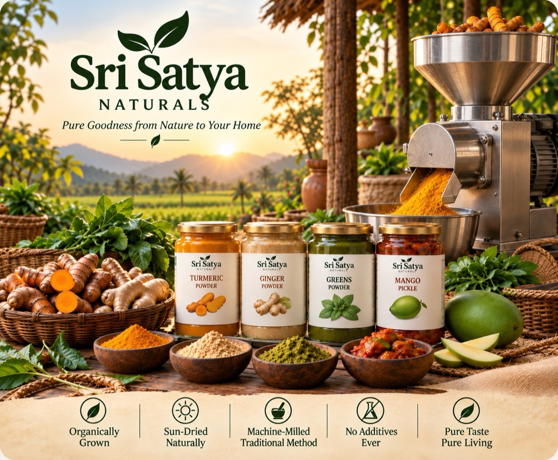 Sri Satya Naturals: turmeric being finely milled amid organic fields, with our powders and pickles